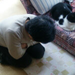 ソファに座っているここと膝だけ座布団の端に乗せて、ほぼ畳の上にすわっているお母さんの画像