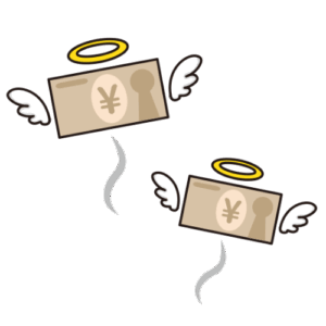 羽の生えたお札のイラスト。お札は飛べます。