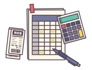 3枚の領収書と表が記載された書類と電卓とペンの画像