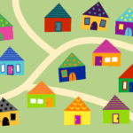 1本の道に2本の脇道の周りに12件の家が建っているイラスト