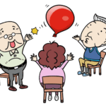 高齢の方が椅子に座って風船バレーをしているイラスト