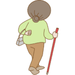 バックを持って杖を突いて歩くおばあさんの後ろ姿のイラスト