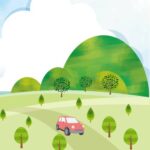 森の中を進む車のイラスト