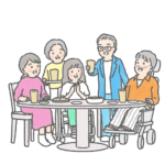多種多様な事情を持つ5人が、談笑しているイラスト