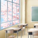 教室の窓の外は満開の桜、教室の中は机と椅子と黒板が描かれたイラスト