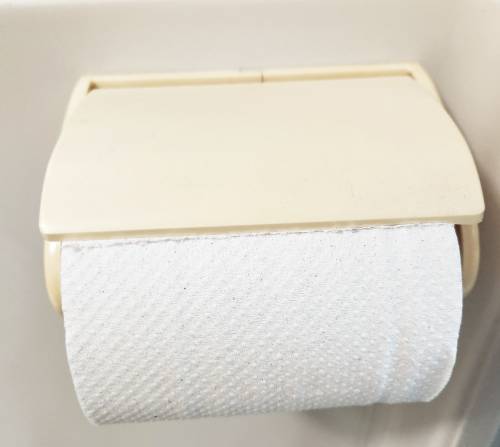 壁とペーパーホルダーが、トイレットペーパーと同系色になっている画像