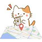 地図上の位置情報をスマホで確認する猫のイラスト