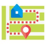 家から目的地まで、遠回りの道筋をたどる線が描かれた地図のイラスト
