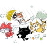 台風の中、傘差したりレインコートを着て耐える4匹の猫のイラスト