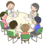 6人の人が丸い机で資料を持ち寄り会議している様子のイラスト