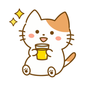 座ってコップからジュースを飲む猫のイラスト