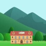 遠くに山が見える森の中の洋風の老人ホーム