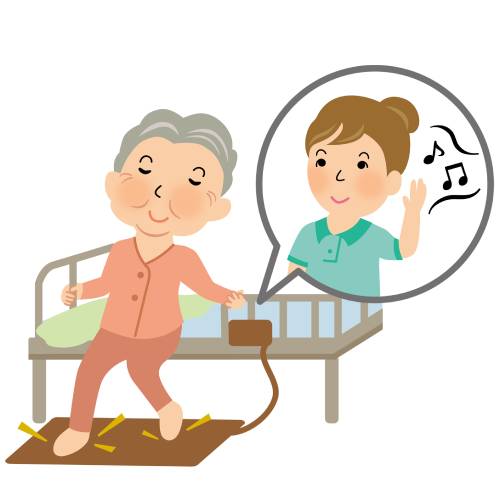 起きてベッドから立ち上がろうとしてマットに足を置き、それを職員にメロディで知らせてくれている様子のイラスト