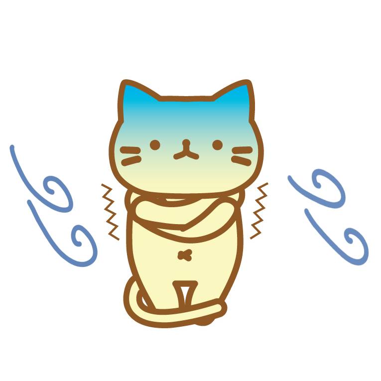 冷たい風を受けて寒そうにしている猫のイラスト