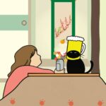 鏡餅を飾った部屋のこたつで、猫を晩酌の相手にして、ビールを飲む女性のイラスト