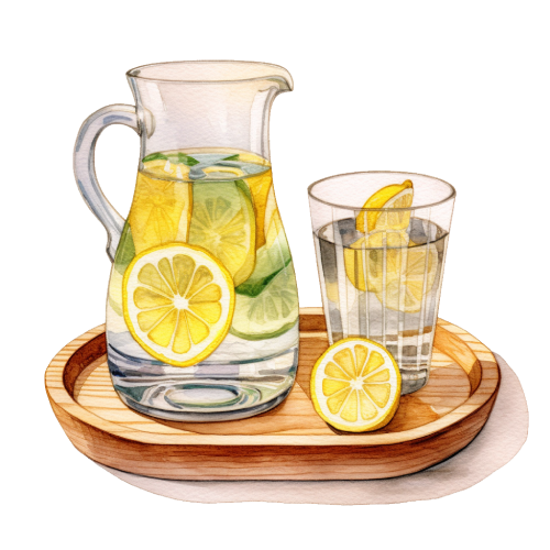 水と輪切りのレモンが入っているピッチャーとコップのイラスト