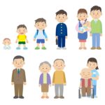 赤ちゃんから車椅子の老人まで、人の一生のイラスト
