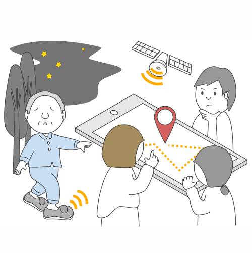 おじいちゃんの徘徊をgpsで確認する家族のイラスト