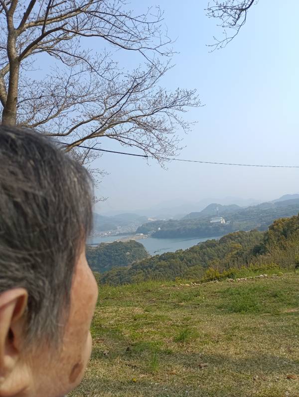 高台にある公園からは港が見え、その景色を堪能する母の画像