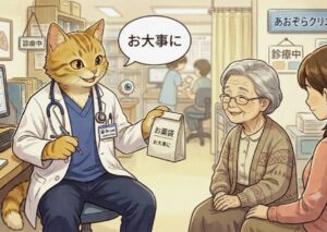 「お大事に」と言いながらおばあさんにお薬を渡す猫のお医者さんの画像