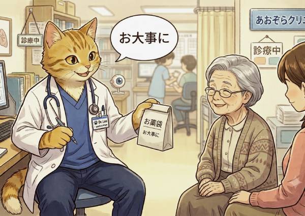 「お大事に」と言いながらおばあさんにお薬を渡す猫のお医者さんの画像