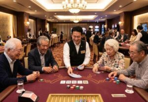 カジノ風の内装の部屋でカードゲームをする高齢者の画像