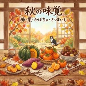 秋の味覚というタイトルの柿、栗、かぼちゃ、サツマイモがそれぞれザルに入れられて、テーブルに並んでいるイラスト