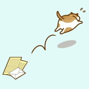 紹介状を置いて逃げる猫の後ろ姿のイラスト