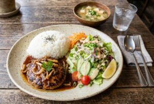 ハンバーグとサラダとライスのワンプレートランチのカラー画像
