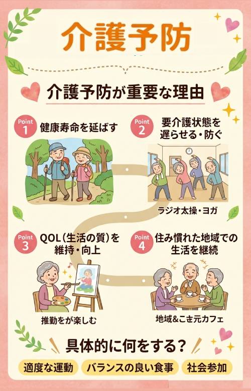 介護予防が重要な理由4つ。①健康寿命を延ばす②要介護状態を遅らせる・防ぐ③生活の質を維持・向上④住み慣れた地域での生活を継続。そのために具体的には、適度な運動とバランスの良い食事と社会参加をすること。